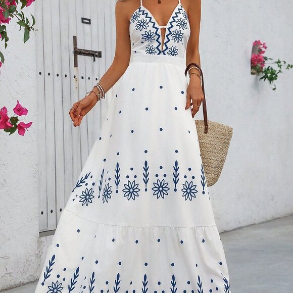 Multicolor Boho Women's Printed Cami Maxi Dress Hawaiian Style - Picture 5 of 6